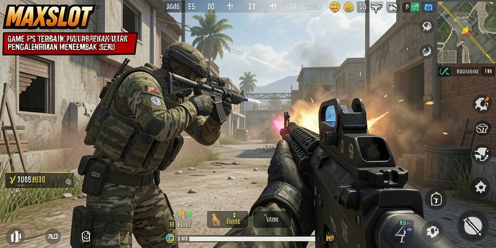Screenshot gameplay MAXSLOT dengan aksi tembak-menembak yang mendebarkan.