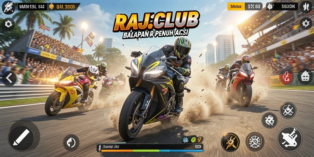 Tampilan gameplay balapan motor yang mendebarkan dari RAJACLUB.